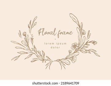 Hand drawn line floral frame. Elegant vintage wreath. Logo template.Vector illustration botanical decoration elements for label, branding business identity, wedding invitation, greeting card