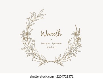 Hand drawn line floral frame. Elegant vintage wreath. Logo template. Vector illustration botanical decoration elements for label, branding business identity, wedding invitation, greeting card