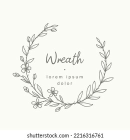 Hand drawn line floral frame. Elegant vintage wreath. Logo template.Vector illustration botanical decoration elements for label, branding business identity, wedding invitation, greeting card