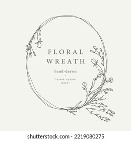 Hand drawn line floral frame. Elegant vintage wreath. Logo template.Vector illustration botanical decoration elements for label, branding business identity, wedding invitation, greeting card