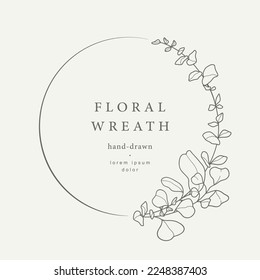 Hand drawn line floral frame. Elegant vintage wreath. Logo template.Vector illustration botanical decoration elements for label, branding business identity, wedding invitation, greeting card