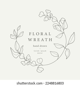Hand drawn line floral frame. Elegant vintage wreath. Logo template. Vector illustration botanical decoration elements for label, branding business identity, wedding invitation, greeting card