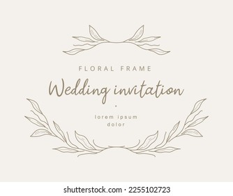 Hand drawn line floral frame. Elegant vintage wreath. Logo template.Vector illustration botanical decoration elements for label, branding business identity, wedding invitation, greeting card