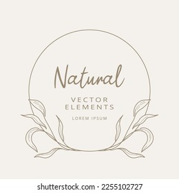 Marco floral de línea dibujada a mano. Elegante corona vintage. Plantilla de logotipo.Ilustración vectorial elementos de decoración botánica para etiqueta, identidad comercial de marca, invitación a boda, tarjeta de saludo