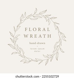 Hand drawn line floral frame. Elegant vintage wreath. Logo template.Vector illustration botanical decoration elements for label, branding business identity, wedding invitation, greeting card