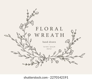 Hand drawn line floral frame. Elegant vintage wreath. Logo template.Vector illustration botanical decoration elements for label, branding business identity, wedding invitation, greeting card