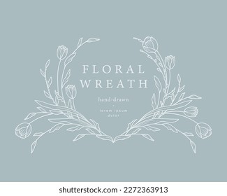 Hand drawn line floral frame. Elegant vintage wreath. Logo template. Vector illustration botanical decoration elements for label, branding business identity, wedding invitation, greeting card