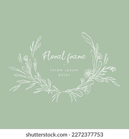 Hand drawn line floral frame. Elegant vintage wreath. Logo template. Vector illustration botanical decoration elements for label, branding business identity, wedding invitation, greeting card