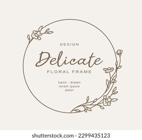 Hand drawn line floral frame. Elegant vintage wreath. Logo template.Vector illustration botanical decoration elements for label, branding business identity, wedding invitation, greeting card