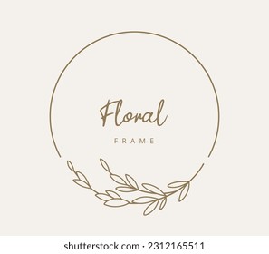 Marco floral de línea dibujada a mano. Elegante corona vintage. Plantilla de logotipo.Ilustración vectorial elementos de decoración botánica para etiqueta, identidad comercial de marca, invitación a boda, tarjeta de saludo