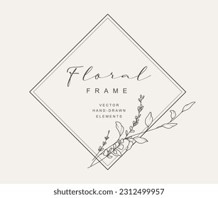 Hand drawn line floral frame. Elegant vintage wreath. Logo template.Vector illustration botanical decoration elements for label, branding business identity, wedding invitation, greeting card