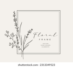 Hand drawn line floral frame. Elegant vintage wreath. Logo template.Vector illustration botanical decoration elements for label, branding business identity, wedding invitation, greeting card