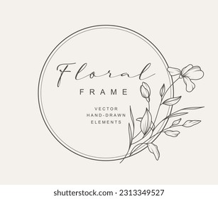 Marco floral de línea dibujada a mano. Elegante corona vintage. Plantilla de logotipo.Ilustración vectorial elementos de decoración botánica para etiqueta, identidad comercial de marca, invitación a boda, tarjeta de saludo