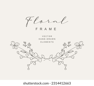 Hand drawn line floral frame. Elegant vintage wreath. Logo template.Vector illustration botanical decoration elements for label, branding business identity, wedding invitation, greeting card