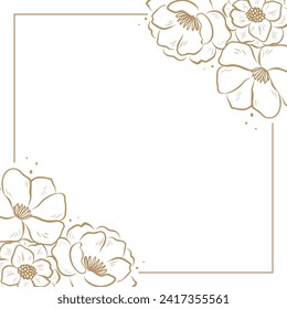 Hand drawn line floral frame. Elegant vector design template for greeting card, packaging, social media post, or wedding invitation. Neutral decorative rectangle background with flowers.