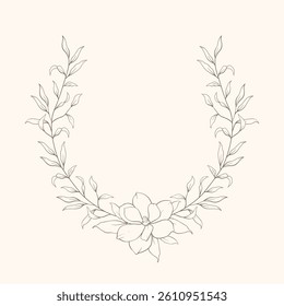 Hand drawn line floral frame, corner. Minimal botanical wedding border element. Set of wreath, magnolia flowers, eucalyptus leaf branches, tropical leaves, plant, wildflower. Elegant floral logo.