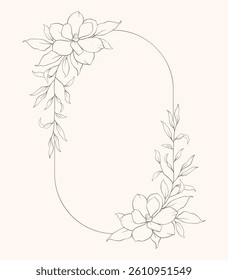 Hand drawn line floral frame, corner. Minimal botanical wedding border element. Set of wreath, magnolia flowers, eucalyptus leaf branches, tropical leaves, plant, wildflower. Elegant floral logo.
