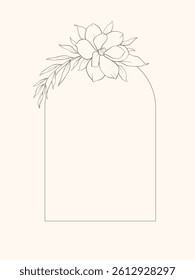 Hand drawn line floral frame, corner. Minimal botanical wedding border element. Set of wreath, magnolia flowers, eucalyptus leaf branches, tropical leaves, plant, wildflower. Elegant floral logo.