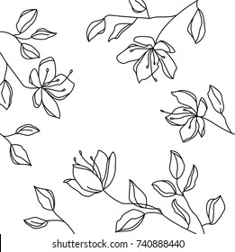 Hand Drawn Line Floral Frame. Thin Line Flowers And Leaves. Decorative Classy Divider / Border. Vintage Vibe Ornate Vector Illustration.