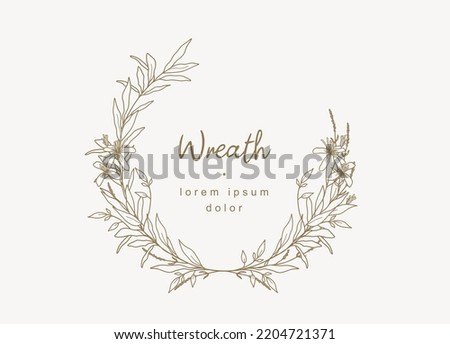 Hand drawn line floral frame. Elegant vintage wreath. Logo template. Vector illustration botanical decoration elements for label, branding business identity, wedding invitation, greeting card