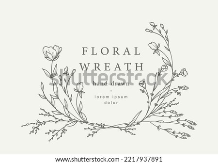 Hand drawn line floral frame. Elegant vintage wreath. Logo template.Vector illustration botanical decoration elements for label, branding business identity, wedding invitation, greeting card ストックフォト © 