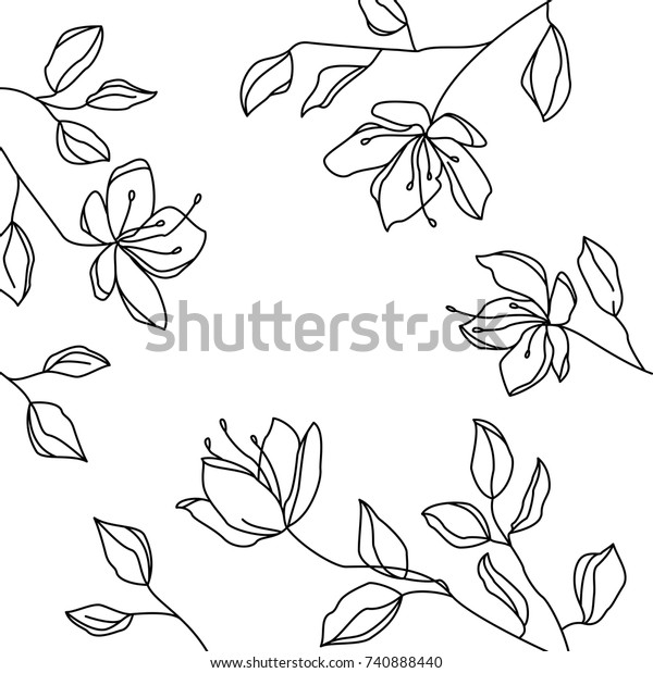 手描きの線花柄のフレーム 細い線の花と葉 装飾的な分割線 境界 ビンテージビベルの装飾的なベクターイラスト のベクター画像素材 ロイヤリティフリー
