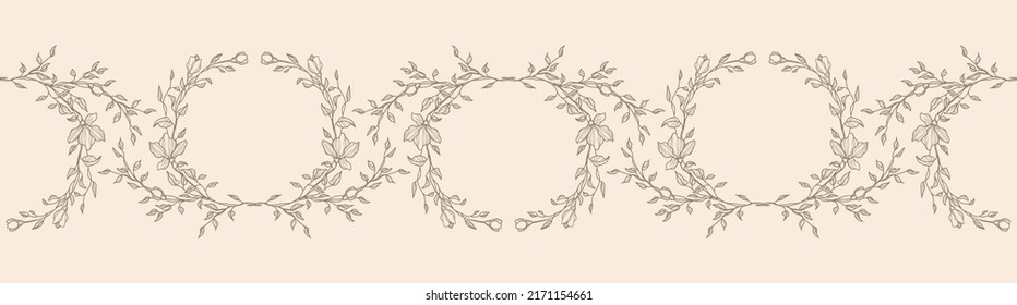 Hand drawn line floral seamless border. Elegant vintage wreath horizontal pattern. Vector botanical illustration for invitation, greeting, card, cover, packaging, poster