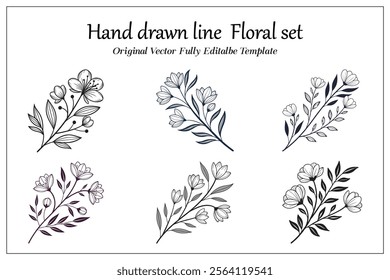 Hand drawn line  Floral set wedding herb,  branch, and minimalist flowers.