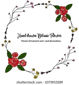 Hand Drawn Line Floral wreath with color. Vector Vintage Design wreath for wedding invitation, birthday, thank you card or tote bag.