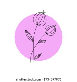 Hand drawn line flower sprig. Floral art isolated on white background, simple branch with abstract shape. Creative vector illustration