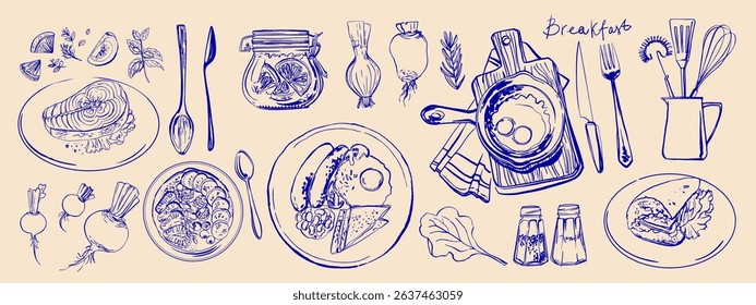 Hand drawn line food illustration vector. Coffee, breakfast, buns.