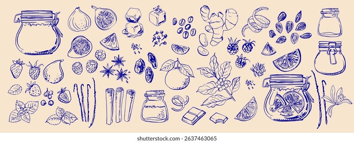 Hand drawn line food illustration vector. Coffee, breakfast, buns.