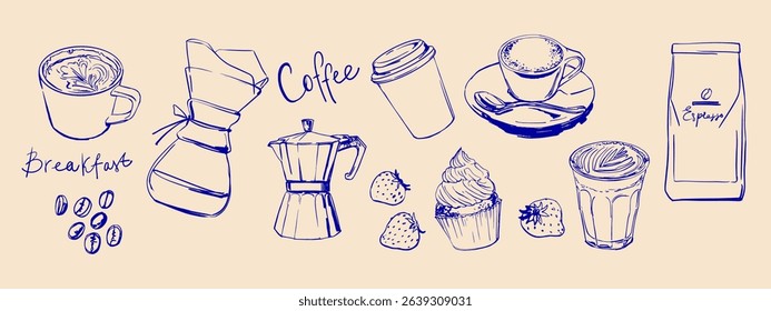Hand drawn line food illustration vector. Coffee, breakfast, buns