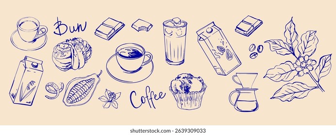 Hand drawn line food illustration vector. Coffee, breakfast, buns
