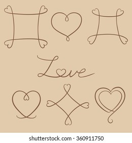 Hand drawn line frames with heart shape on craft paper. Set of copy spaces. Vector decorative design elements. Happy valentine day background. 