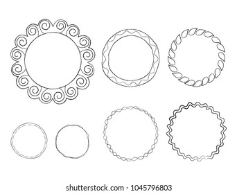 Hand drawn line frames vector set. Round doodle frameworks with ornate borders illustrations collection isolated on white background