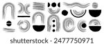 Hand drawn line geometric zen arch set. Black arc figure, circle shape with painting texture. Contemporary vector illustration. No AI