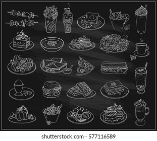 Hand drawn line graphic illustration of assorted food, desserts and drinks, many vegetarian entrees. Vector symbols set on a chalkboard background