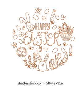 Hand drawn line Happy Easter poster with typography text. Cute outline spring holiday symbols - bunny, eggs, basket, butterfly, flowers. Greeting contour card background. Vector decoration.