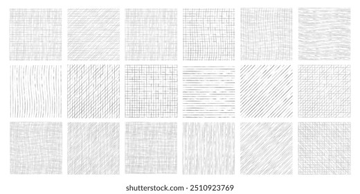 Hand drawn line hatching isolated on white. Crosshatch, pencil hatched squares, drawing simple doodle sketch design elements. Vector set