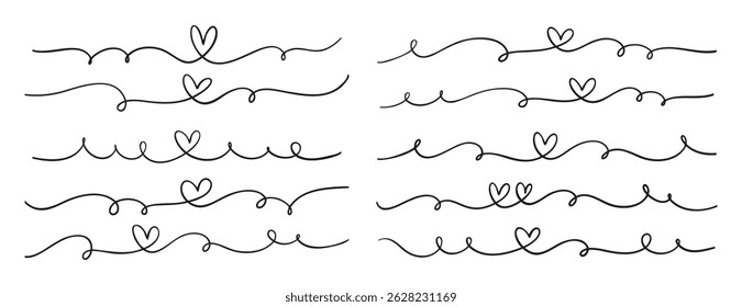 hand drawn line heart doodle style border. Heartbeat or love line concept drawing. Vector illustration