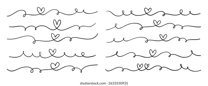 hand drawn line heart doodle style border. Heartbeat or love line concept drawing. Vector illustration