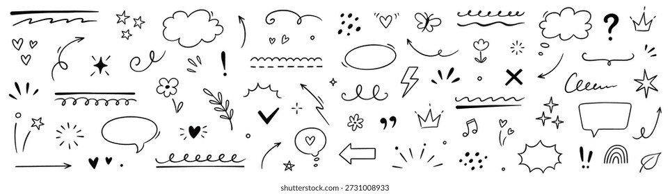 Hand drawn line heart, star, arrow element set. Line doodle sketch style cute heart, star sparkle, flower hand drawn brush pencil stroke. Arrow, emphasis surprise, cloud frames. Vector illustration