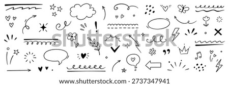 Hand drawn line heart, star, arrow element set. Line doodle sketch style cute heart, star sparkle, flower hand drawn brush pencil stroke. Arrow, emphasis surprise, cloud frames. Vector illustration