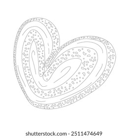 Hand drawn line heart-shaped cookie. Vector illustration of bakery product. Black and white drawing for menu, packaging and label