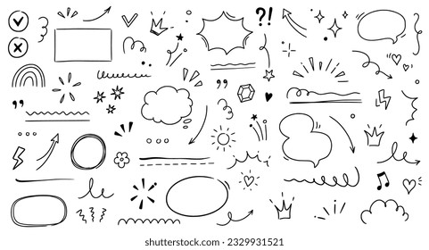 Hand drawn line highlight, speech bubble, brush underline. Text emphasis, star sparkle, pencil underline elements. Hand drawn sketch cloud speech bubble, arrow, emphasis. Vector illustration.