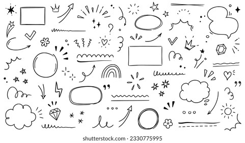 Hand drawn line highlight, speech bubble, brush underline. Text emphasis, star sparkle, pencil underline elements. Hand drawn sketch cloud speech bubble, arrow, emphasis. Vector illustration.