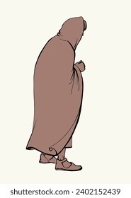 Hand drawn line holy god elder male rabbi guy stand bow icon sign retro age Asian church faith story art cartoon sketch style white sky. Moses female Jew hide rear view sin cloak cloth savior symbol
