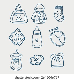 Hand drawn line icon of baby, elements, maternity bag, baby bottle, baby clothes, socks, pacifier.