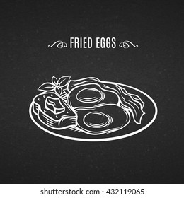 Hand drawn line icon breakfast bacon and eggs. Vector illustration decorative breakfast omelet with bacon chalk board old style.